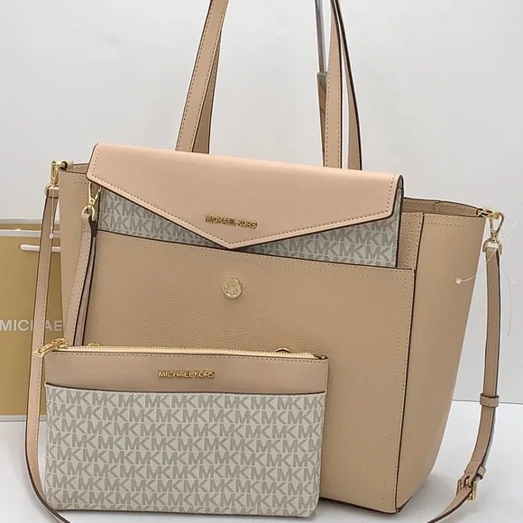 Michael Kors Maisie Large Pebbled Leather 3-in-1 Tote Bag Buff Signature Multi - Picture 1 of 16